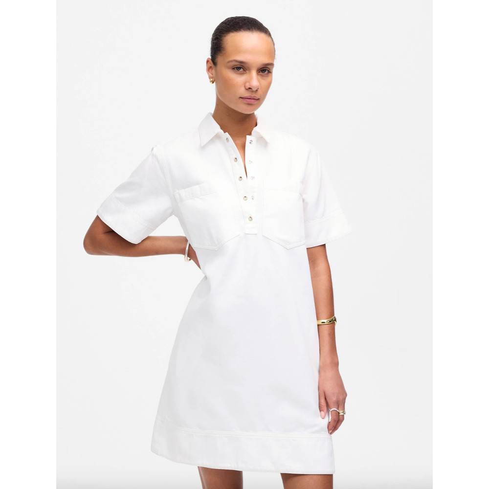 Madewell Denim Popover Dress Shift Pockets Casual Pure White Minimalist S NWT - Picture 2 of 14